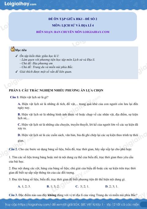 Đề kiểm tra giữa kì 1 Lịch sử và Địa lí 4 - Đề số 2